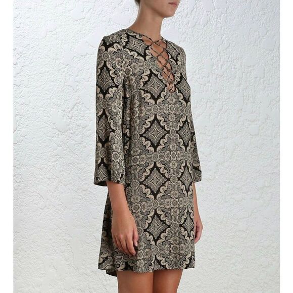 Zimmermann Women's Mini Shift Geometric Pattern Dress Sz 1 Lace Up Front Viscose - Picture 2 of 16